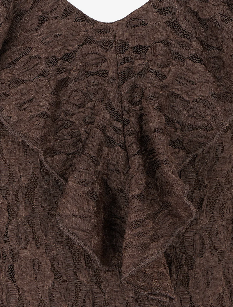 Top droit en dentelle à col V volanté - Marron
