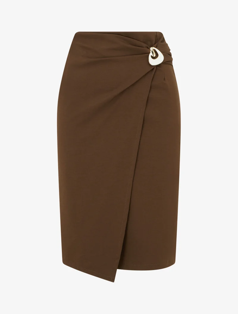 Jupe midi style portefeuille à bijou effet nacré - Marron