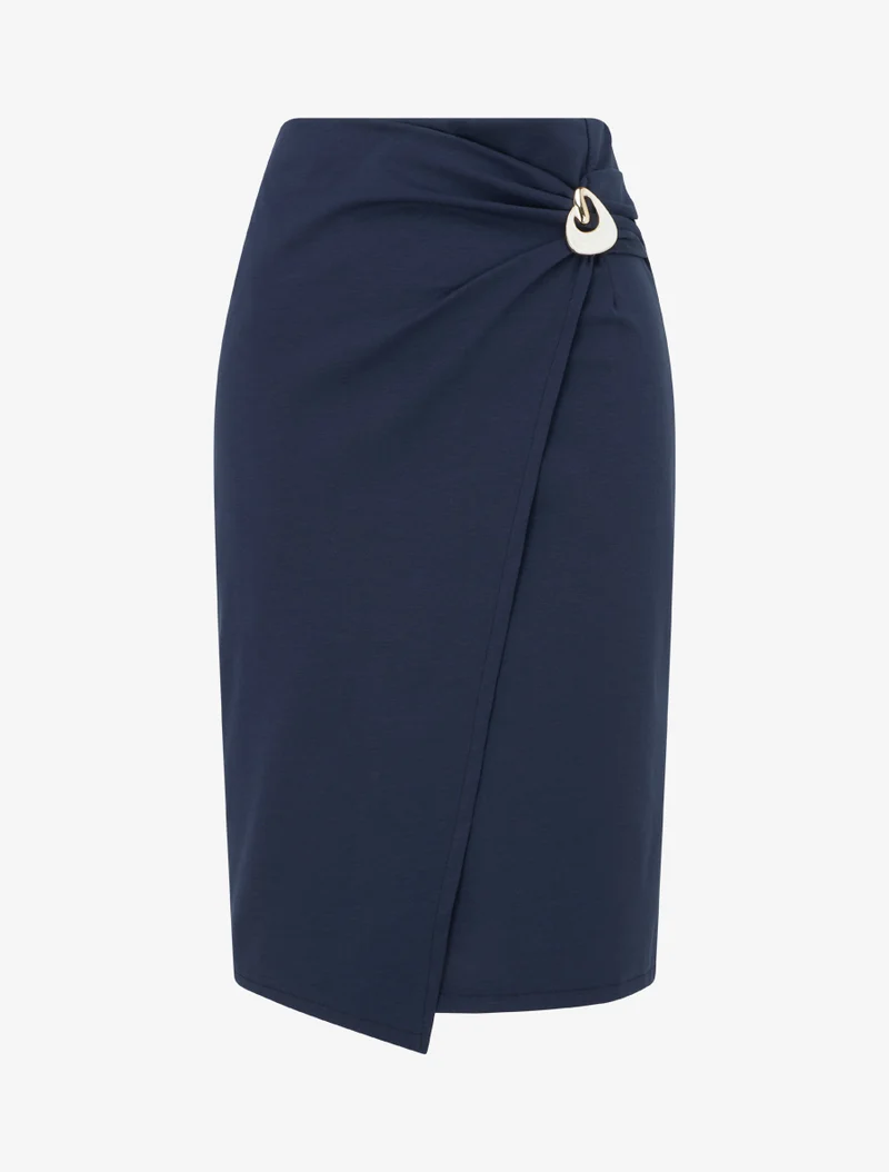 Jupe midi style portefeuille à bijou effet nacré - Marine