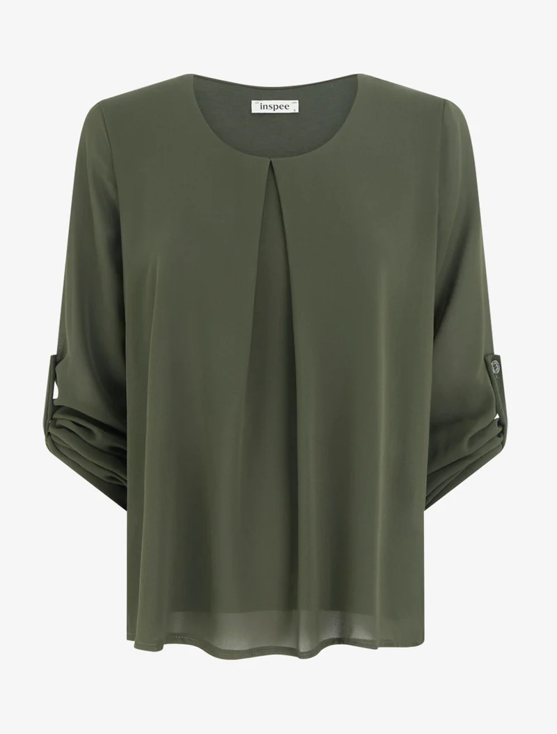 Top uni en voile à manches retroussables - Kaki