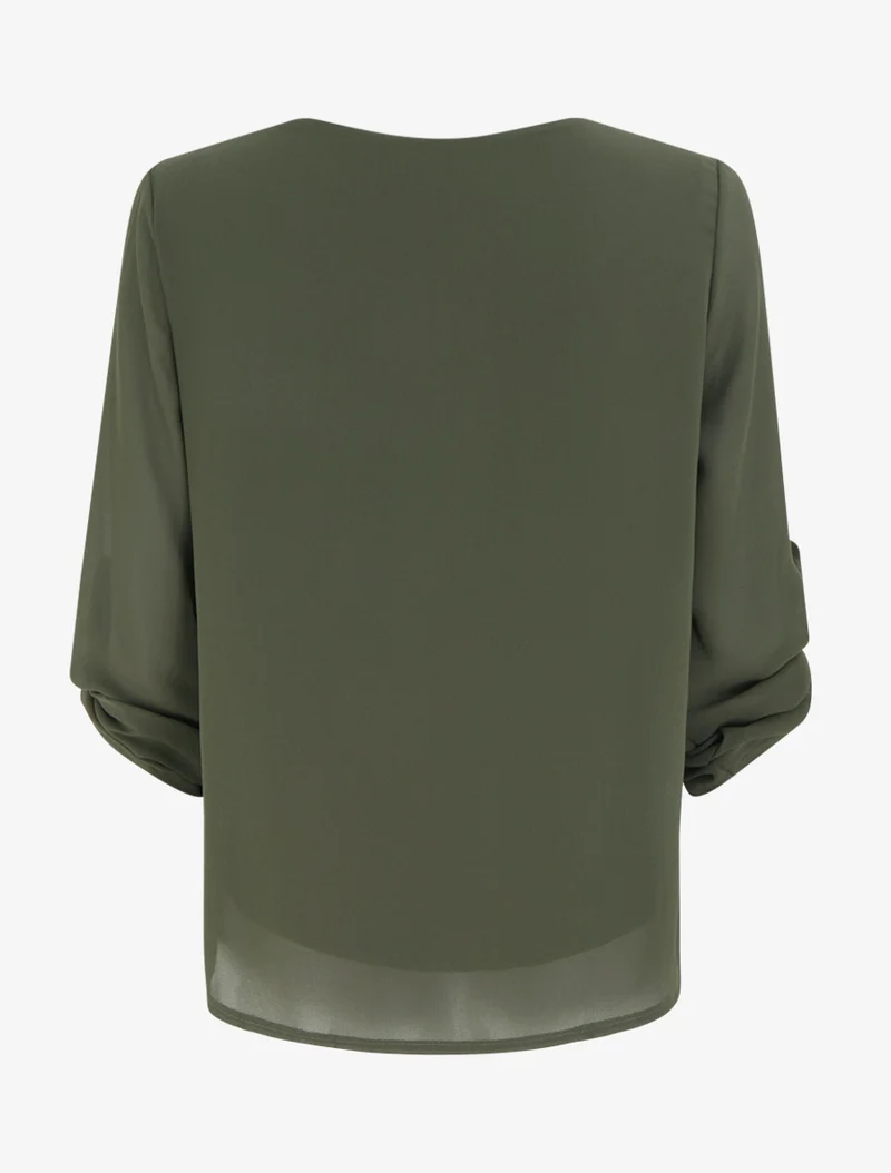 Top uni en voile à manches retroussables - Kaki