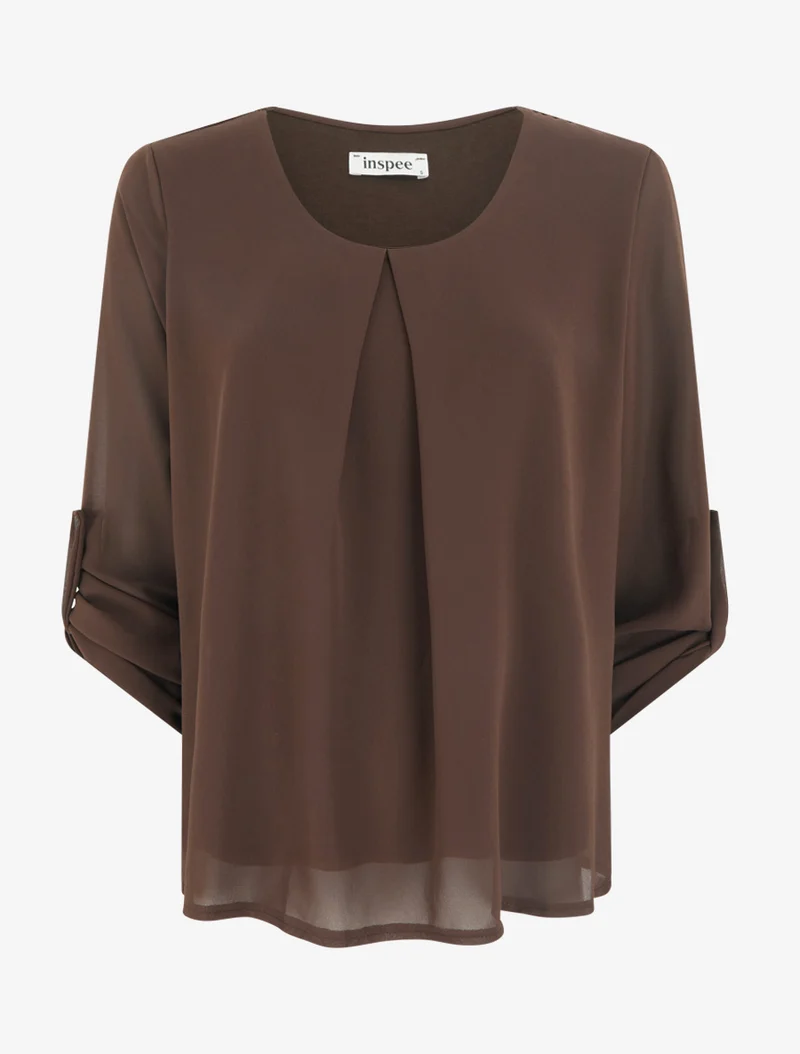 Top uni en voile à manches retroussables - Marron