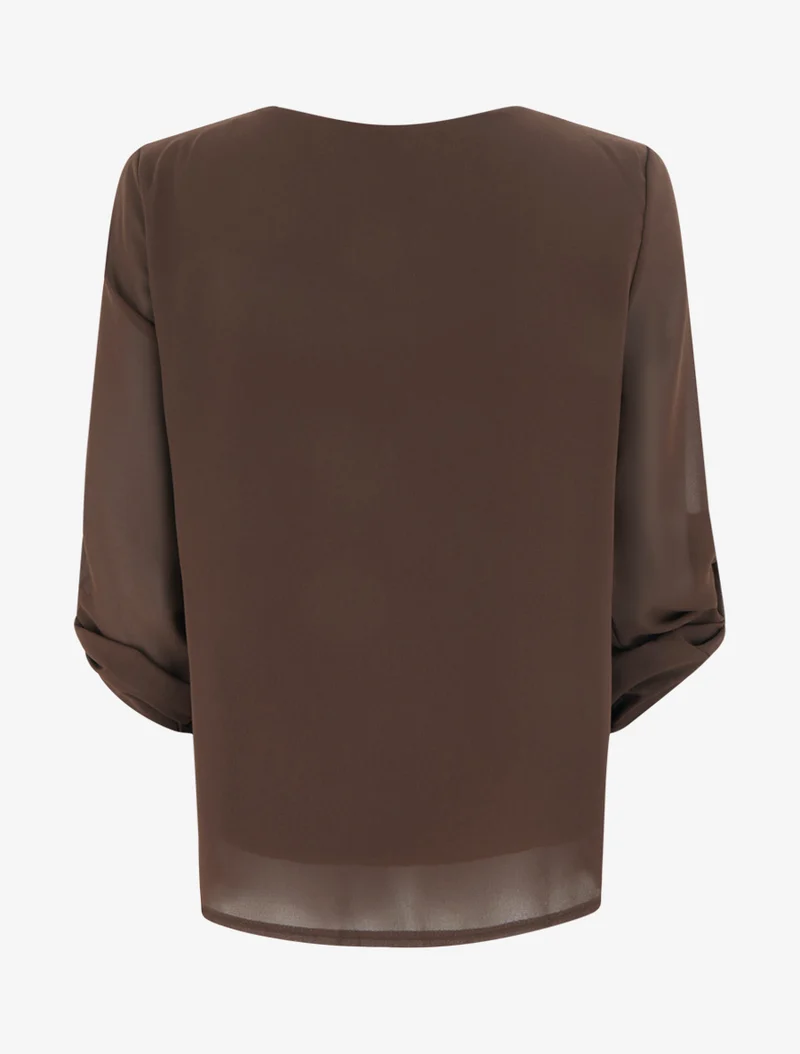 Top uni en voile à manches retroussables - Marron