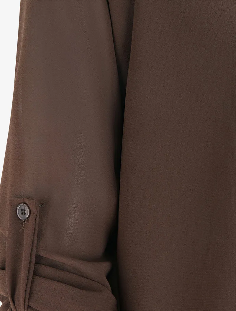 Top uni en voile à manches retroussables - Marron