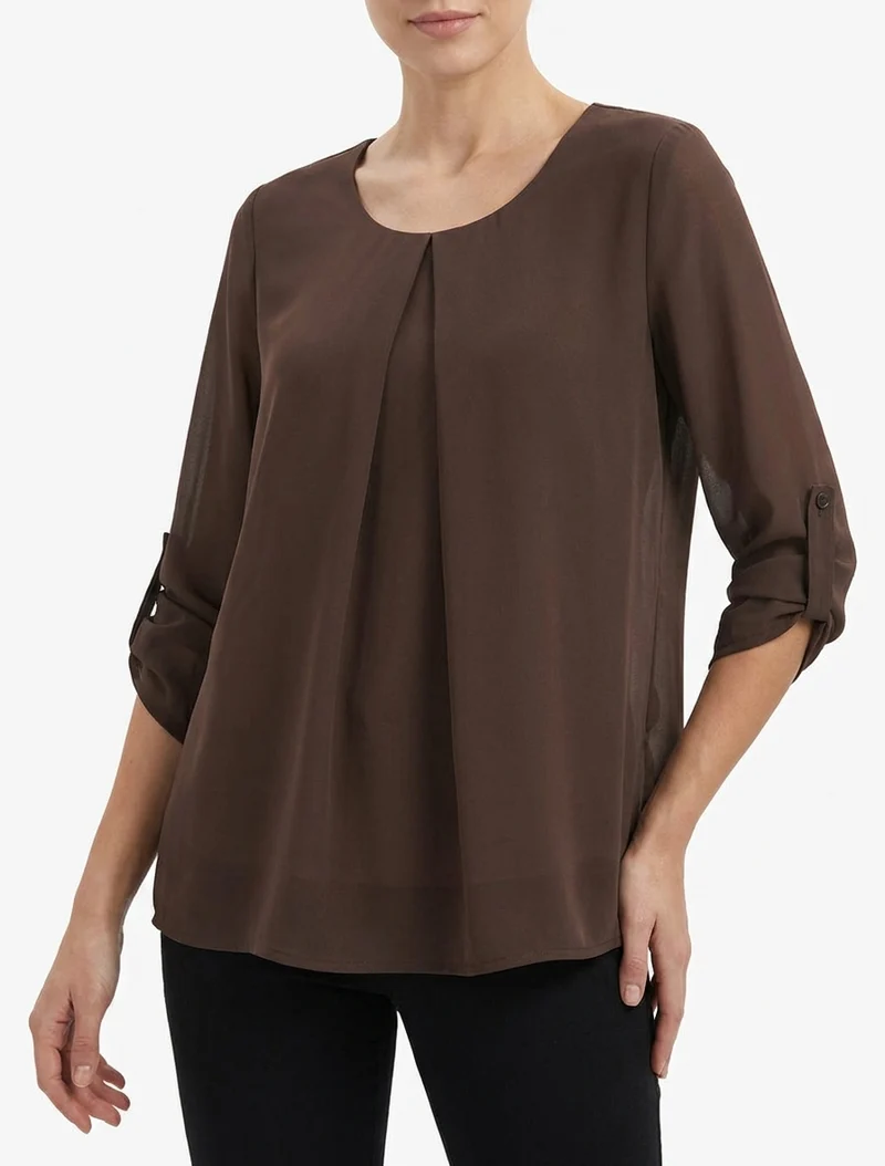 Top uni en voile à manches retroussables - Marron