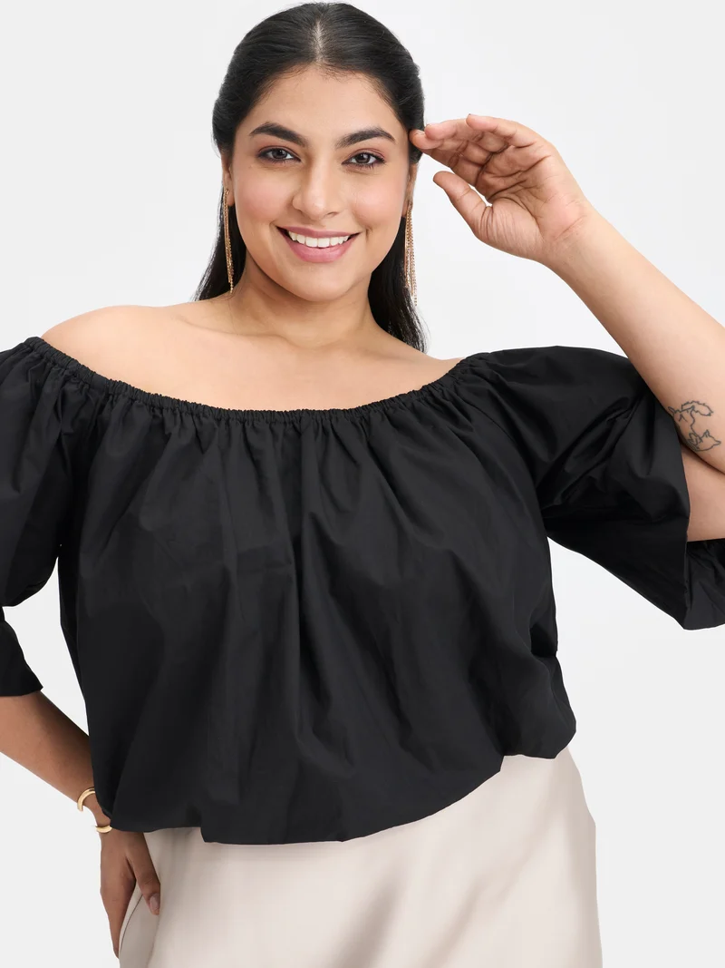 Aiko|100% Cotton Off-Shoulder Bubble Crop Top