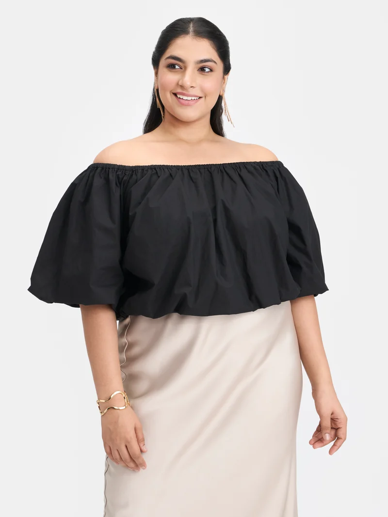 Aiko|100% Cotton Off-Shoulder Bubble Crop Top