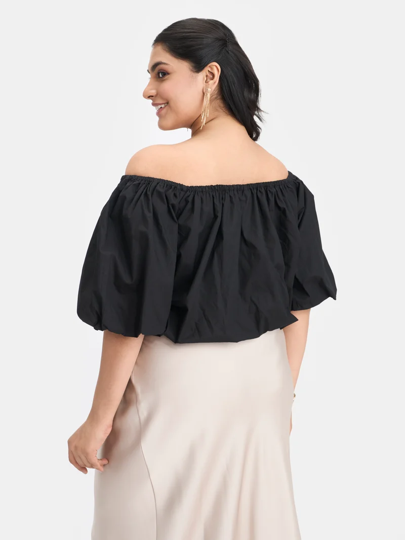 Aiko|100% Cotton Off-Shoulder Bubble Crop Top