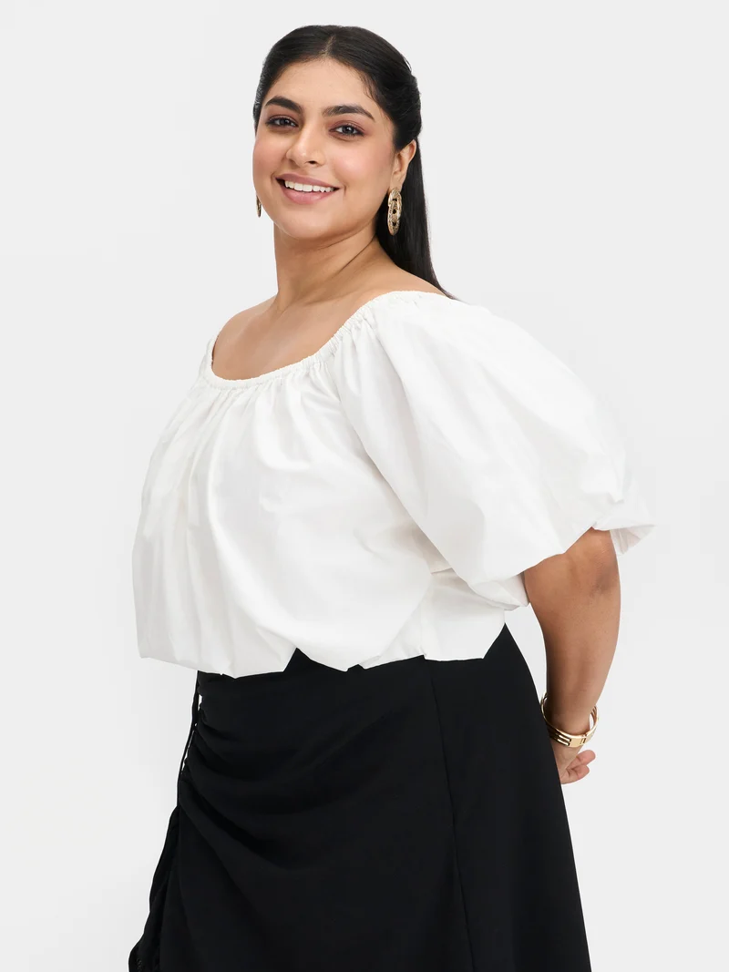 Mika|100% Cotton Off-Shoulder Bubble Crop Top