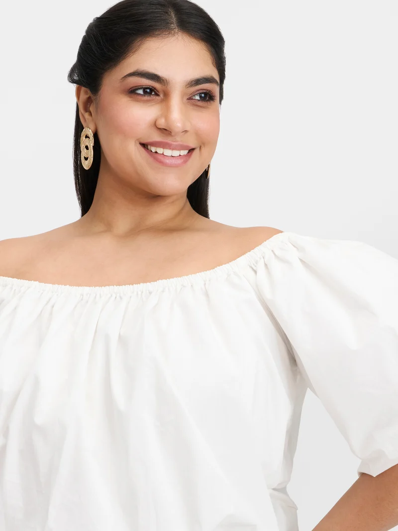 Mika|100% Cotton Off-Shoulder Bubble Crop Top