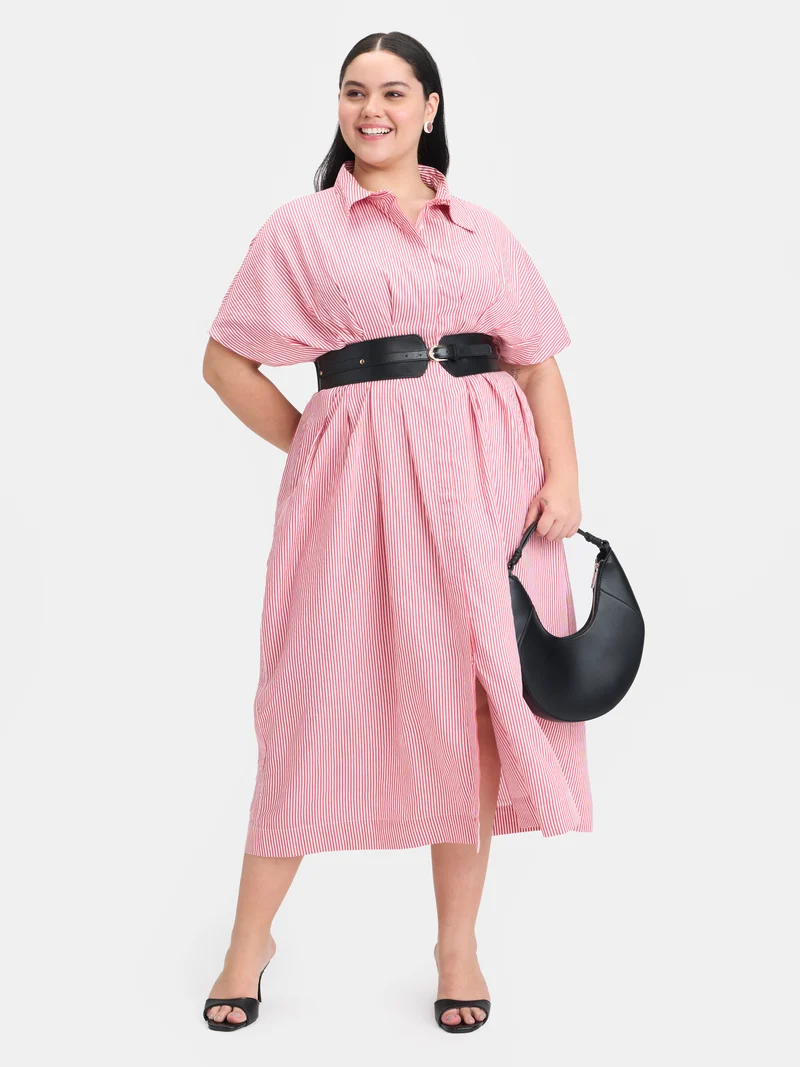 Zaira|100% Cotton Pleated Button Shirt Dress