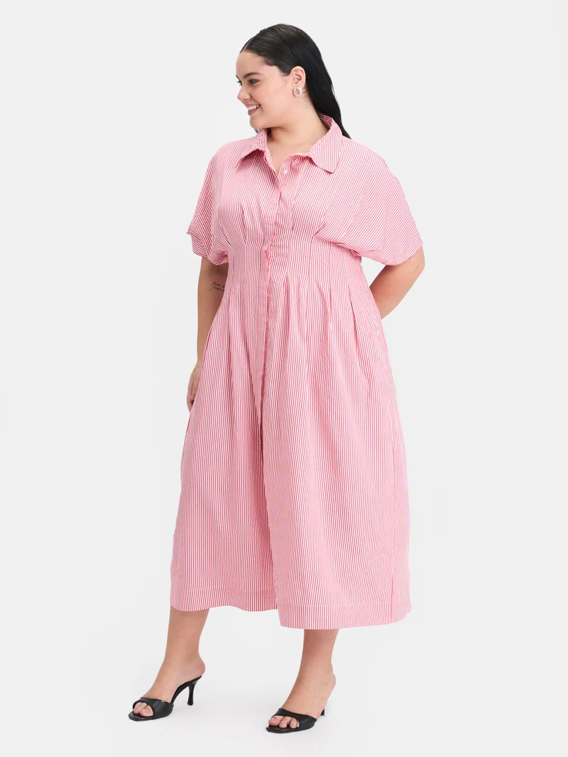 Zaira|100% Cotton Pleated Button Shirt Dress