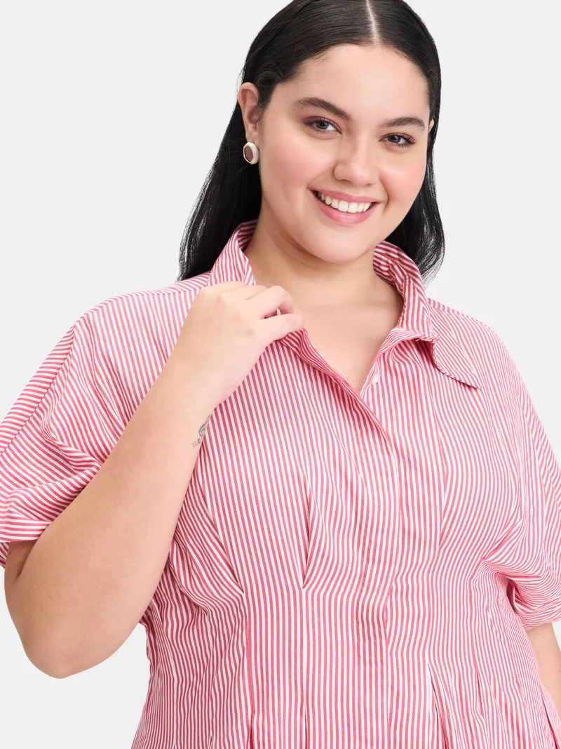 Zaira|100% Cotton Pleated Button Shirt Dress