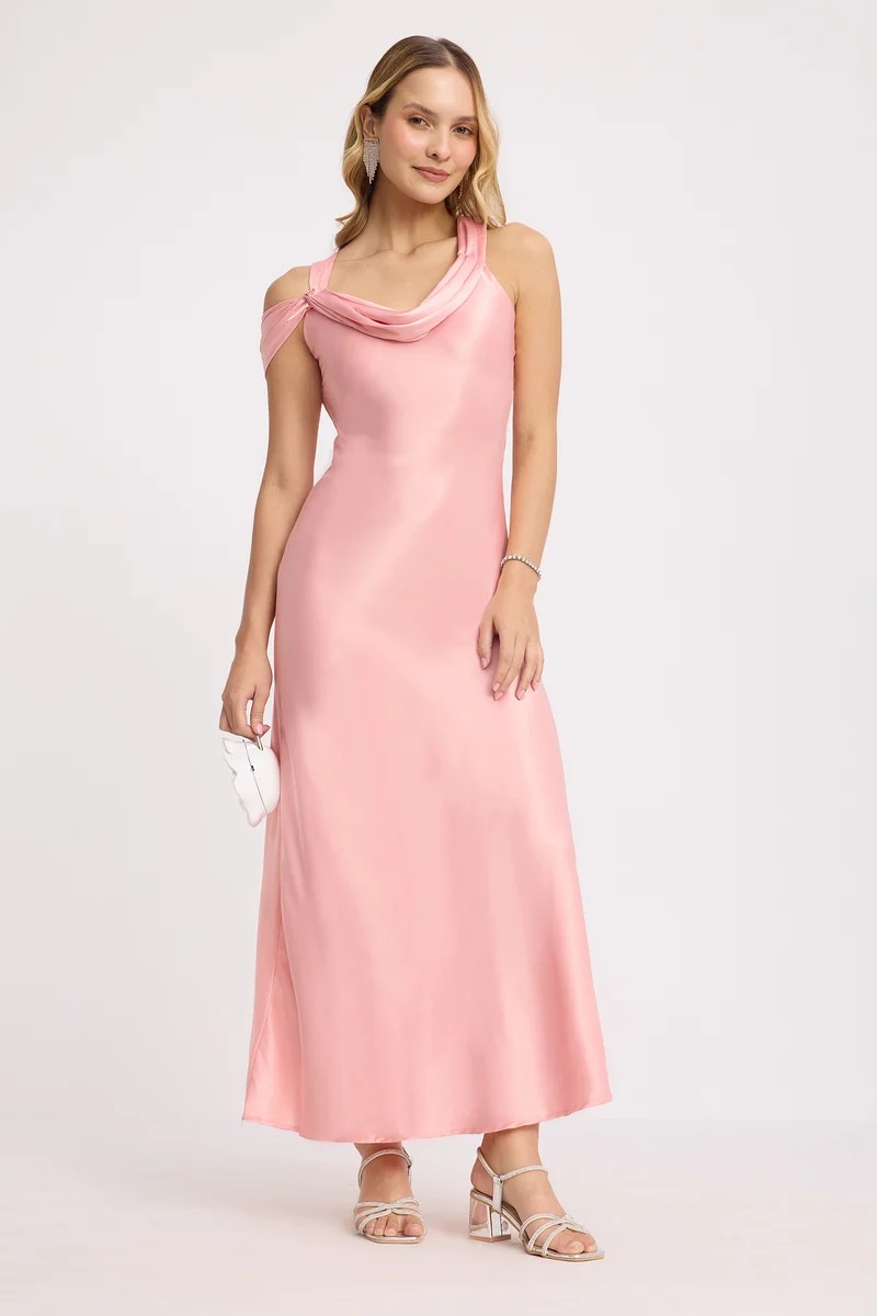 Emar|Satin Cowl Neck Slim Dress