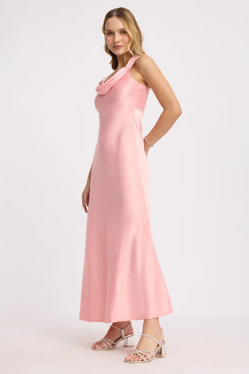 Emar|Satin Cowl Neck Slim Dress