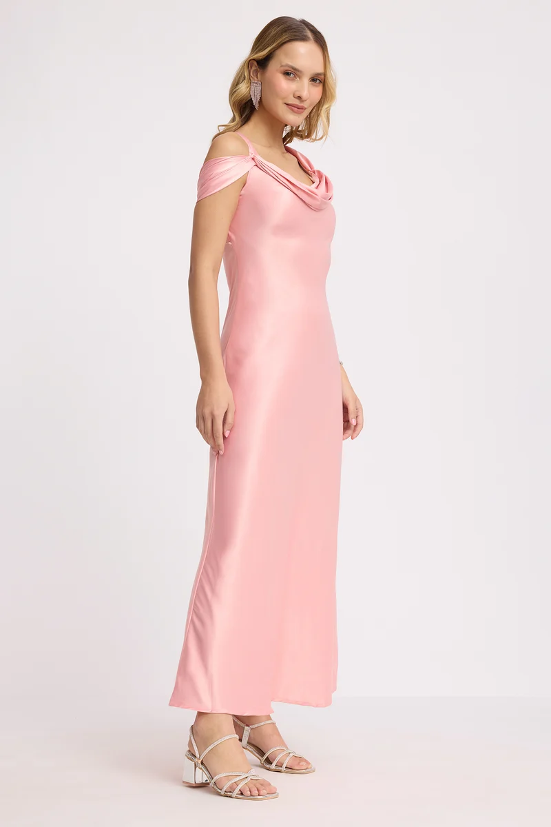 Emar|Satin Cowl Neck Slim Dress