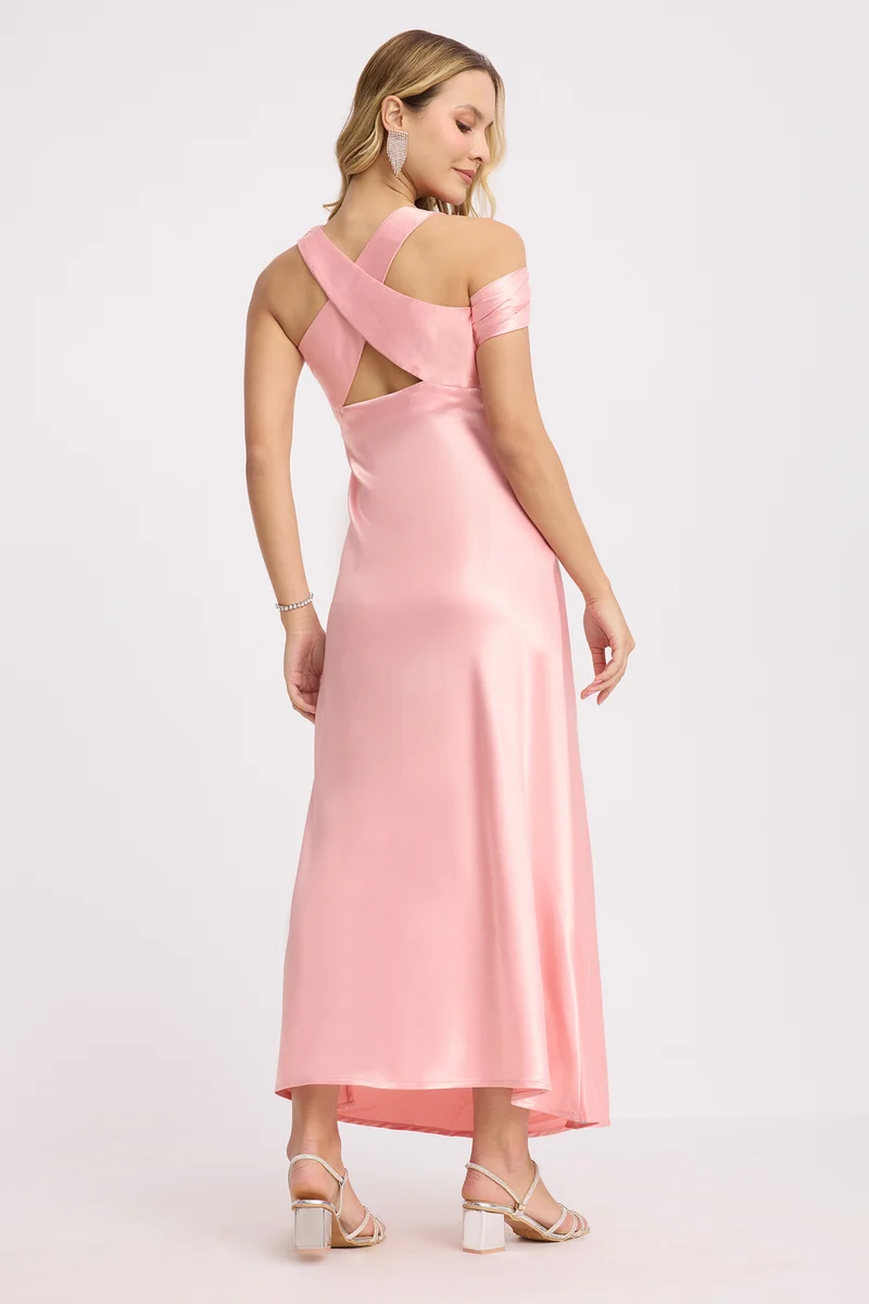 Emar|Satin Cowl Neck Slim Dress
