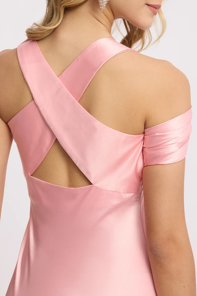 Emar|Satin Cowl Neck Slim Dress