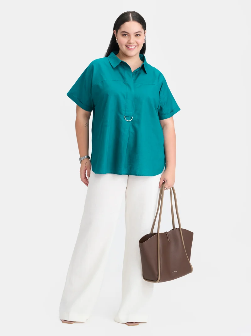 Nita|Linen D-Ring Utility Collared Top