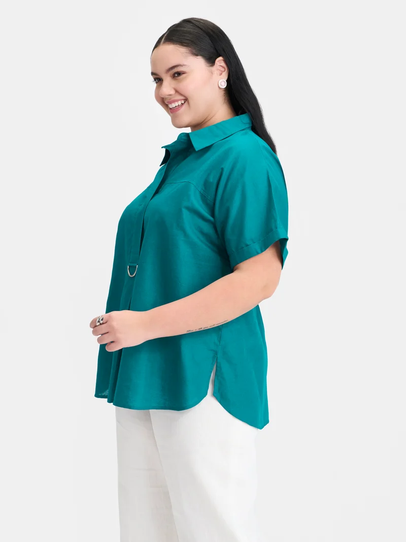 Nita|Linen D-Ring Utility Collared Top