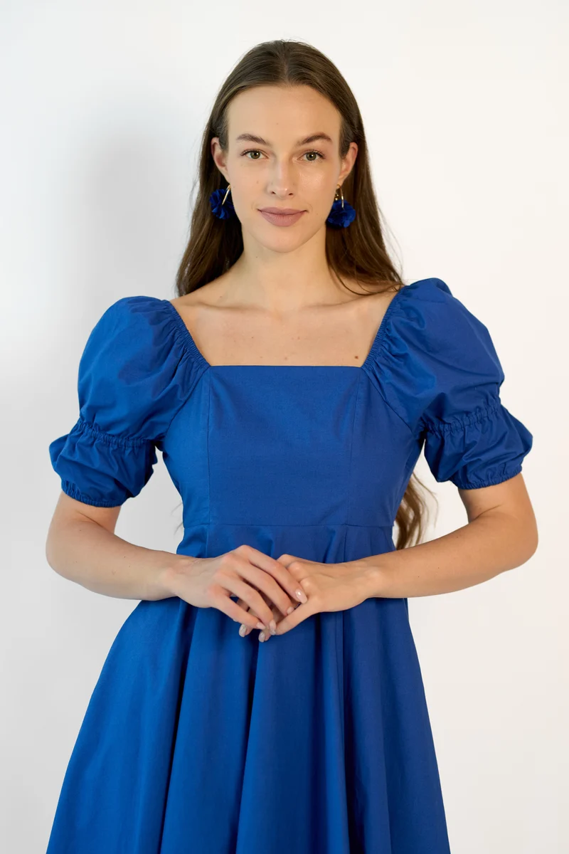 Mireya|100% Cotton Square Neck Puff Midi Dress
