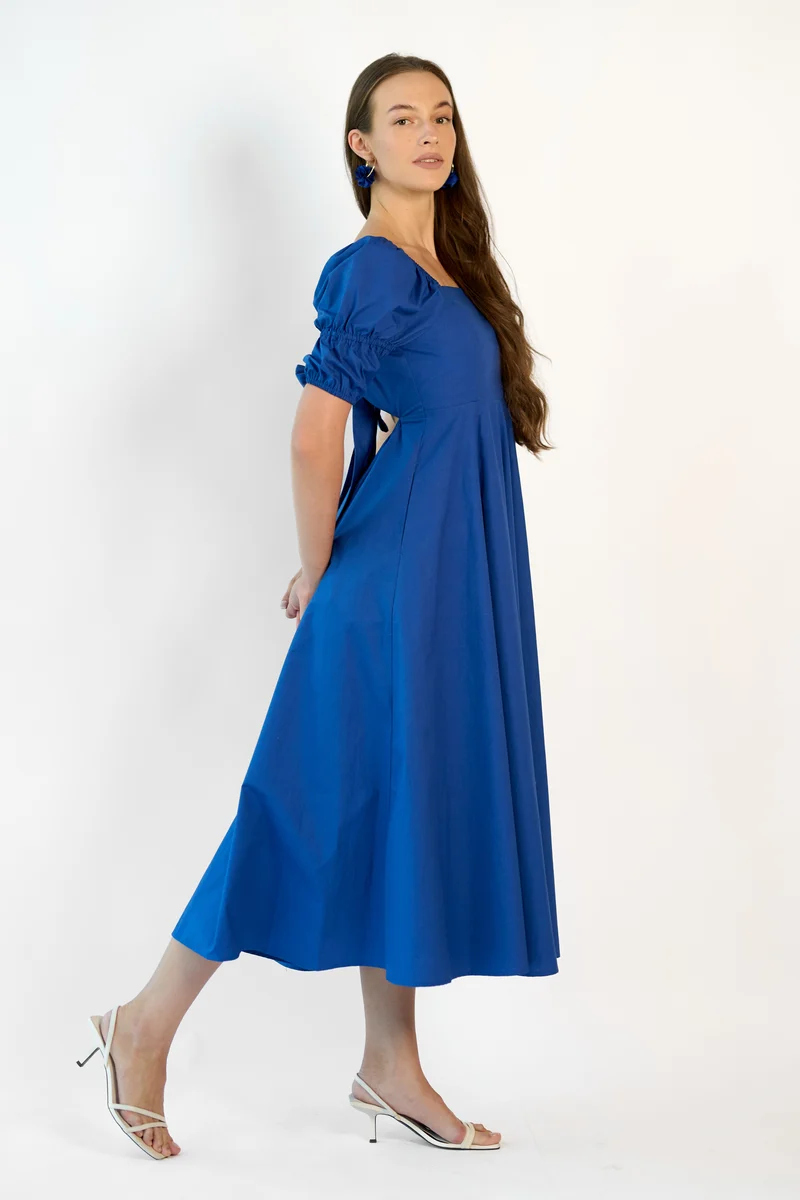 Mireya|100% Cotton Square Neck Puff Midi Dress