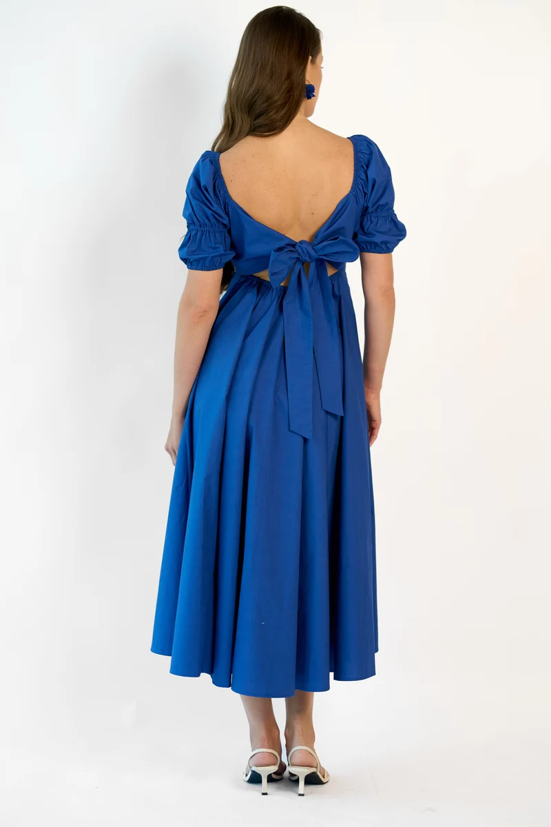Mireya|100% Cotton Square Neck Puff Midi Dress