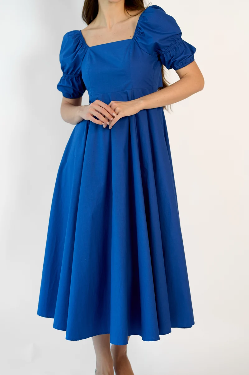 Mireya|100% Cotton Square Neck Puff Midi Dress