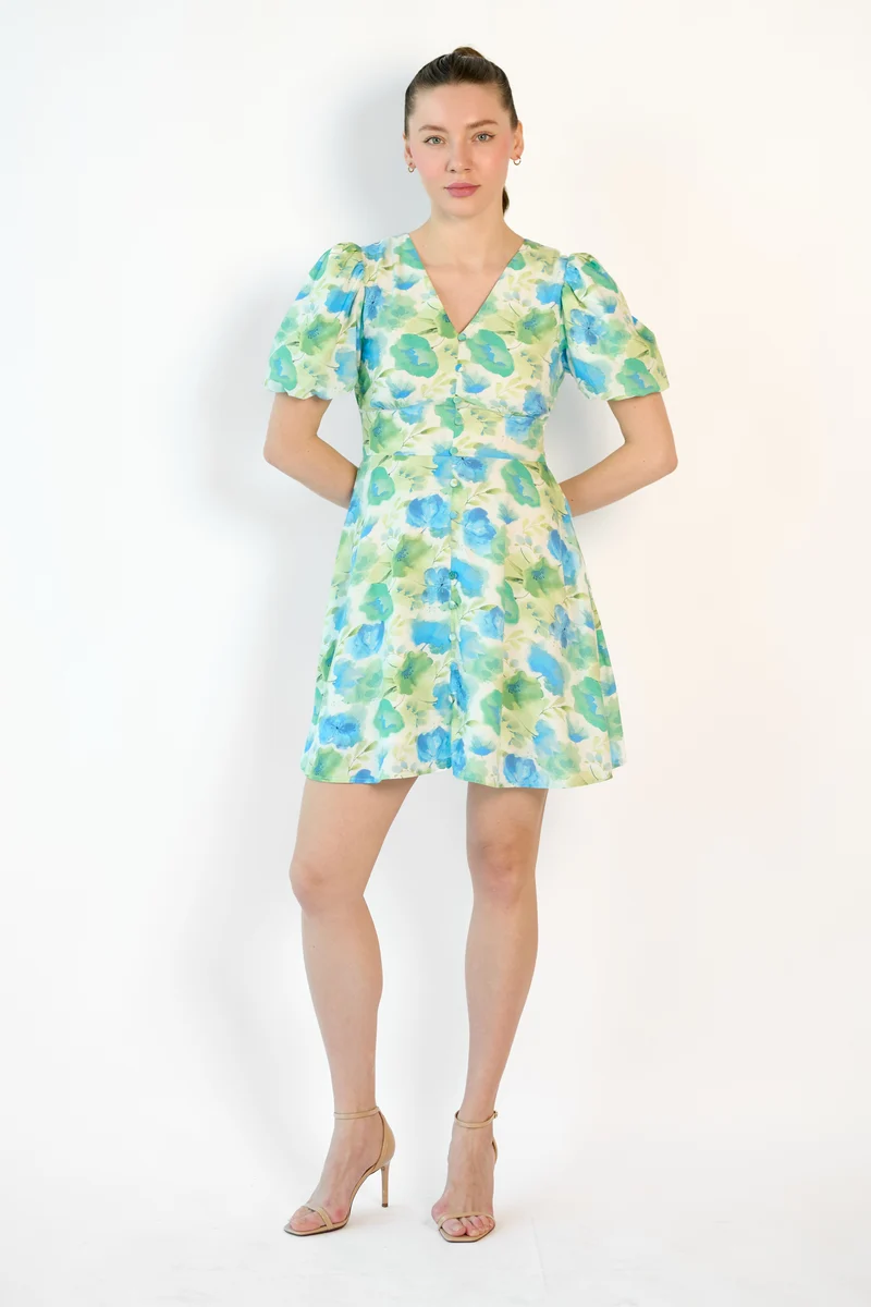 Zarael | 100% Viscose Puff Sleeve Mini Dress