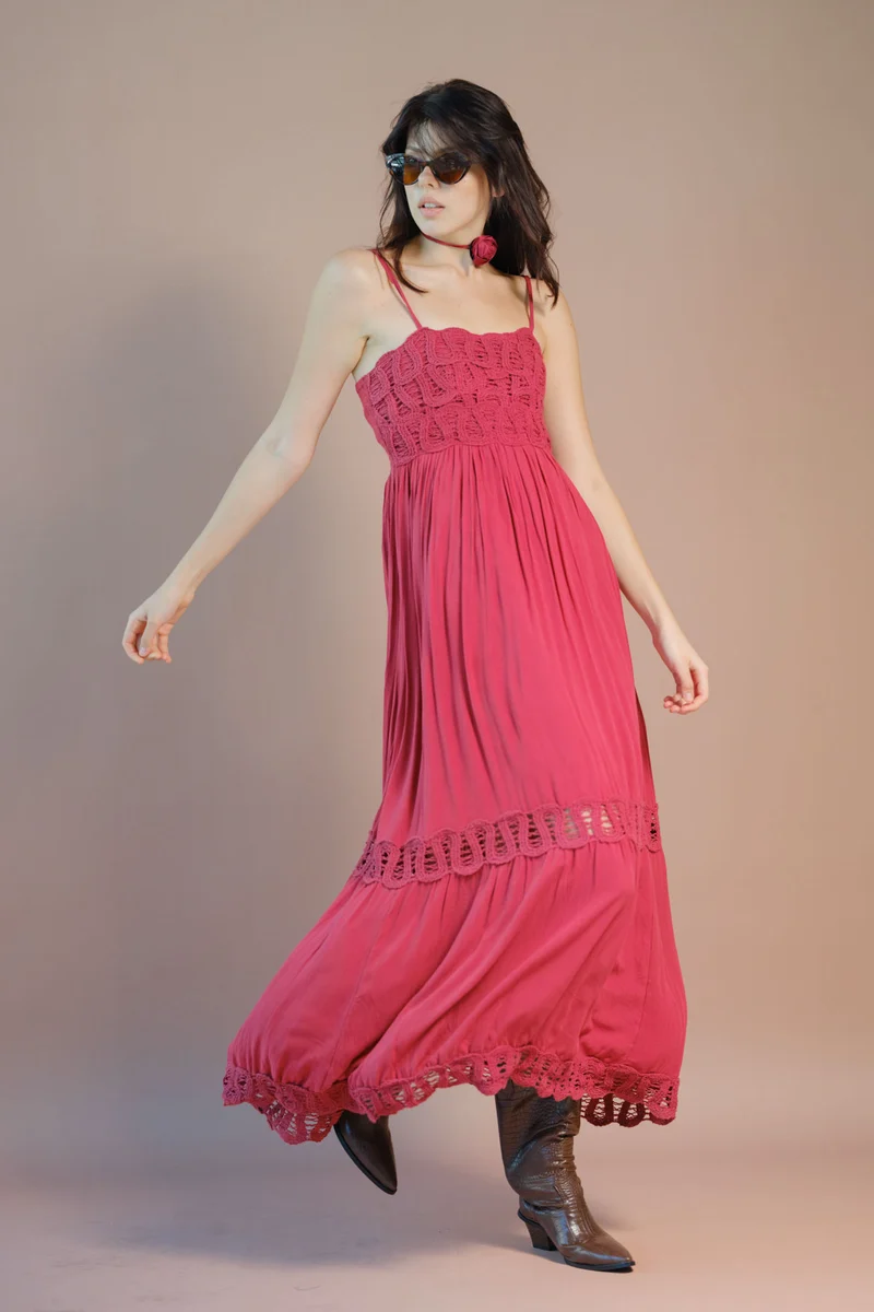 Crissy|100% Viscose Maxi Dress Strappy Lace Style