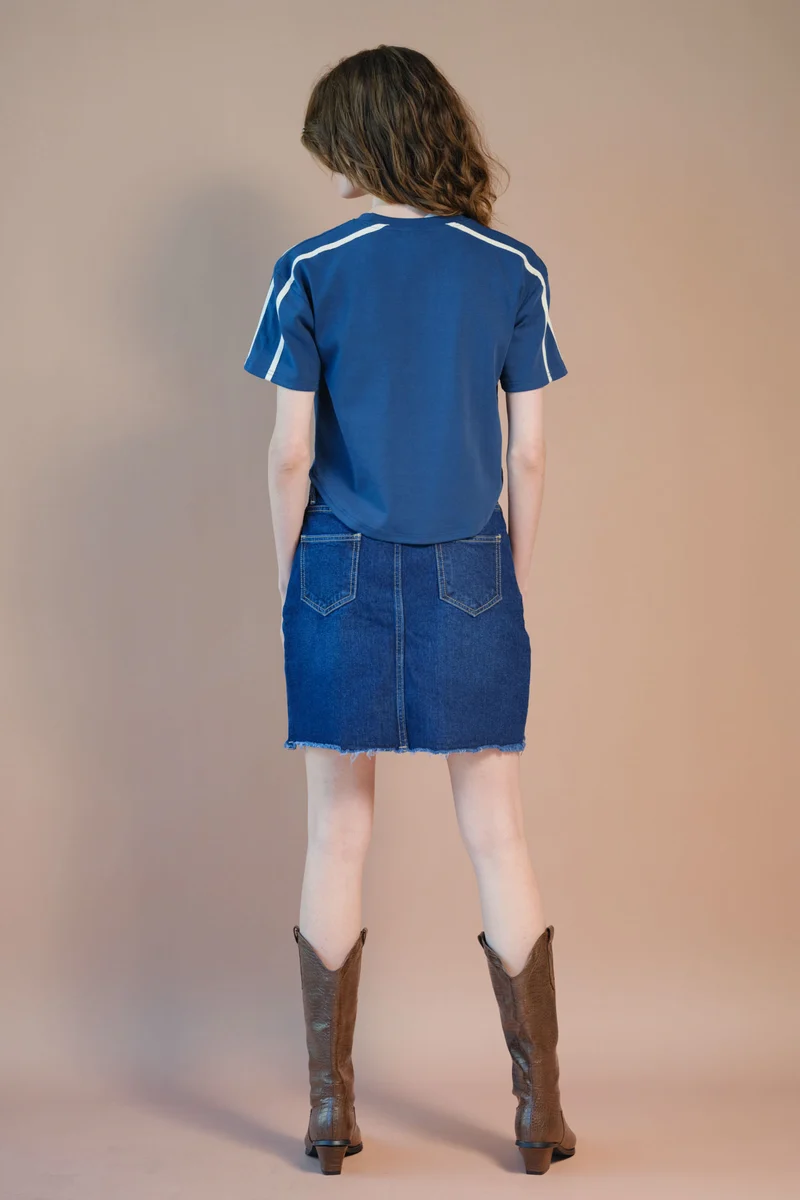 Ozzy|Cotton Stretch Blue Varsity Casual Tee