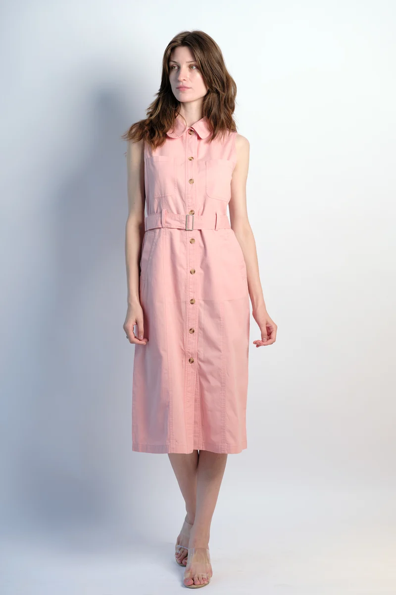 Rosy|100% Cotton Front Open Twill Dress With Belt