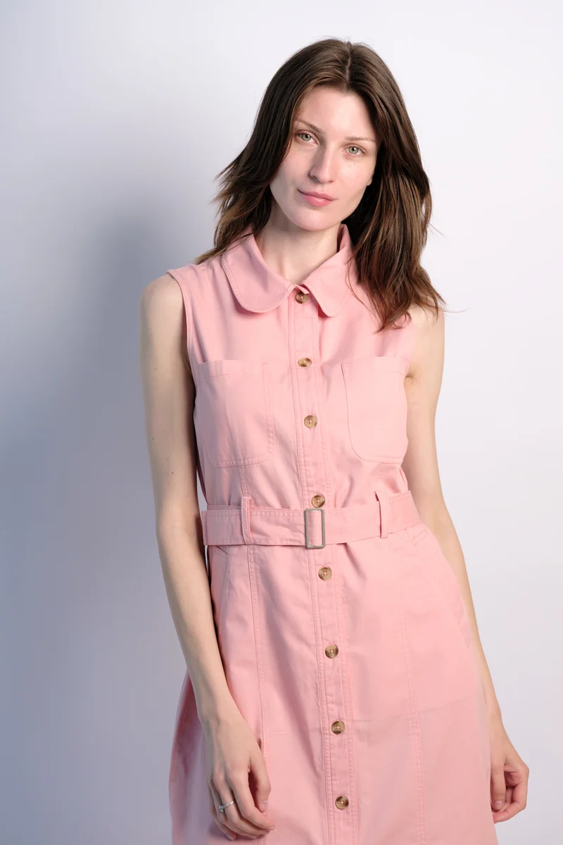 Rosy|100% Cotton Front Open Twill Dress With Belt