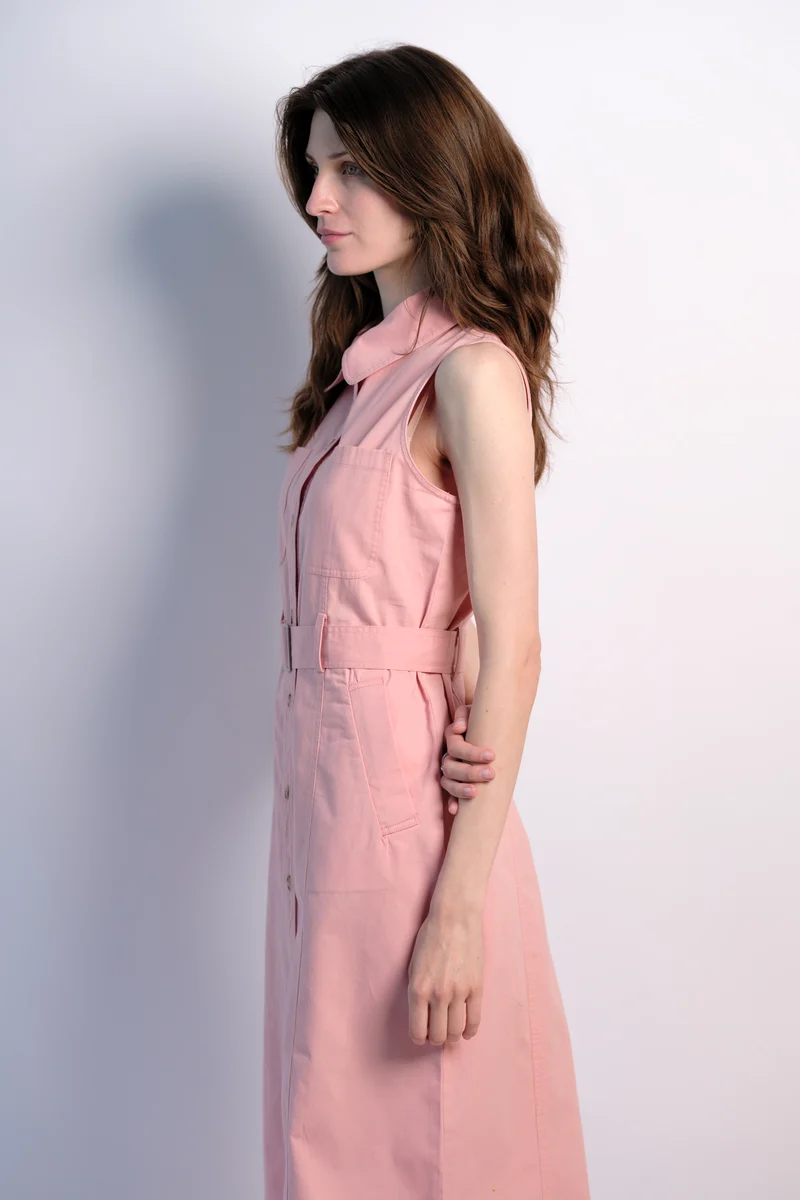 Rosy|100% Cotton Front Open Twill Dress With Belt