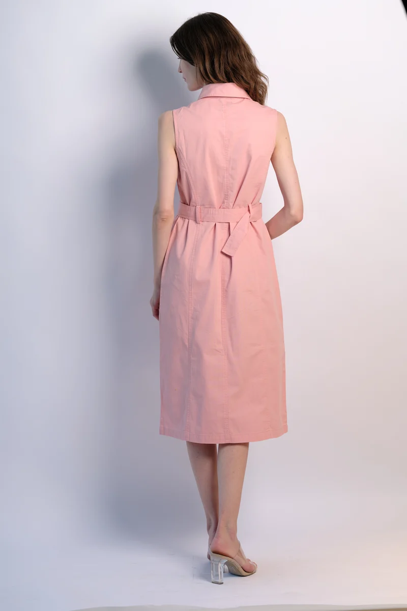 Rosy|100% Cotton Front Open Twill Dress With Belt