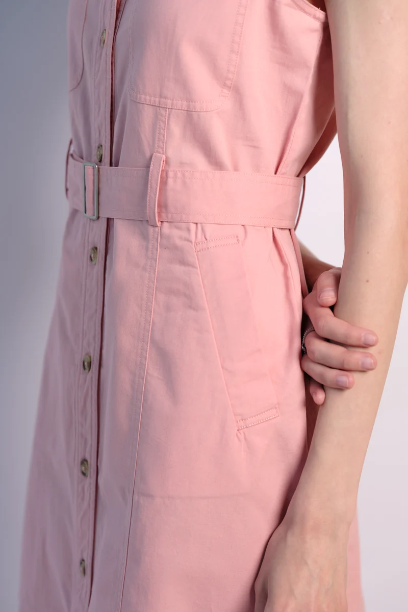 Rosy|100% Cotton Front Open Twill Dress With Belt