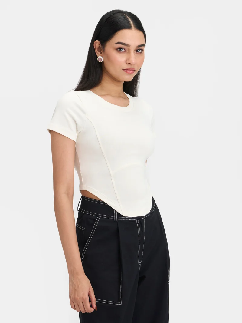 Areya|Cotton Stretch Grey Knitted Corset T-Shirt