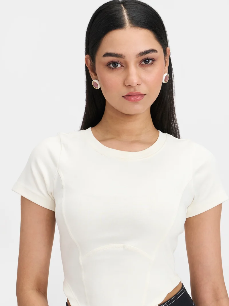 Areya|Cotton Stretch Grey Knitted Corset T-Shirt