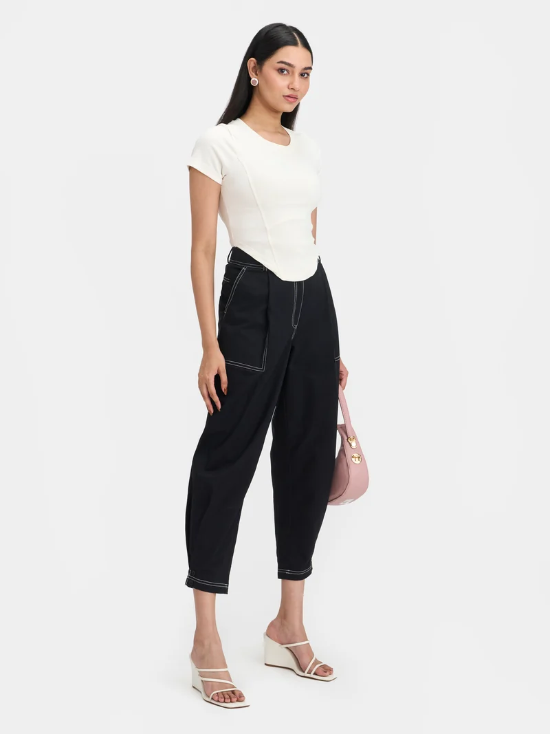 Areya|Cotton Stretch Grey Knitted Corset T-Shirt