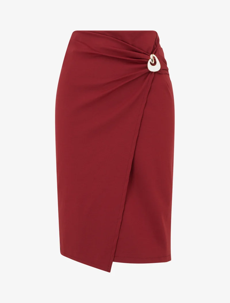 Jupe midi style portefeuille à bijou effet nacré - Bordeaux
