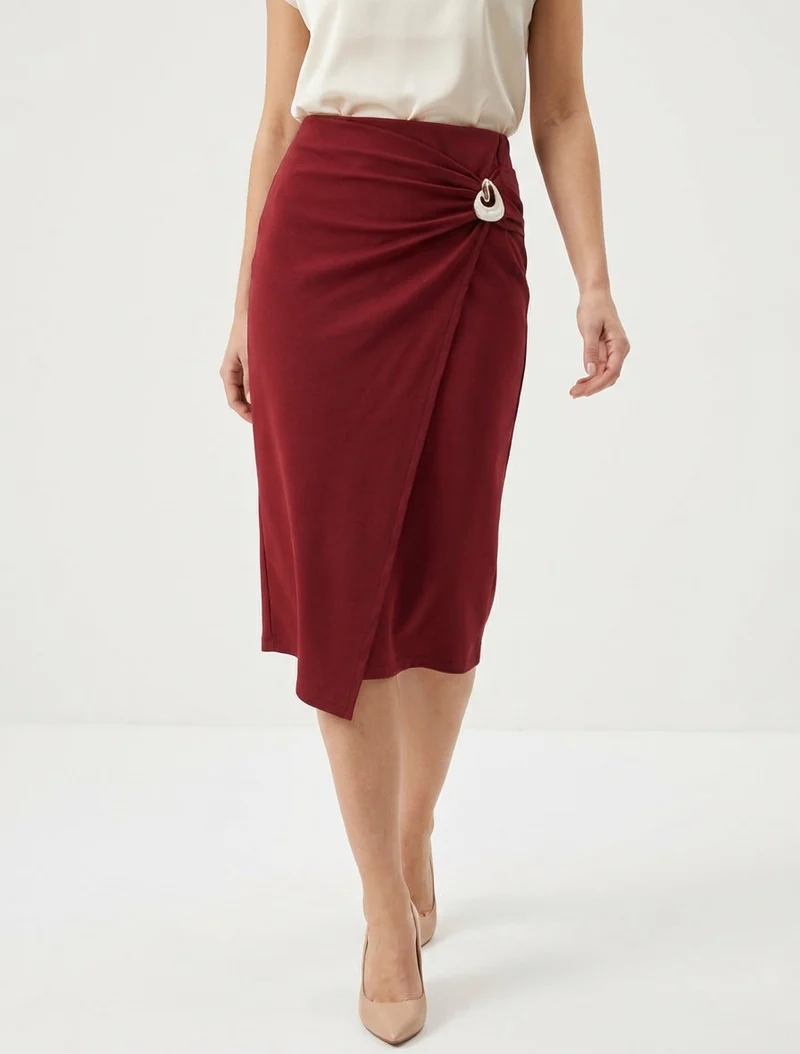 Jupe midi style portefeuille à bijou effet nacré - Bordeaux