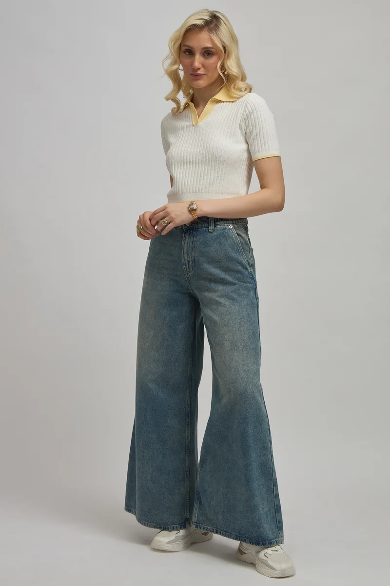 Sasha|Viscose Shirtcollar Fitted Knit Crop Top