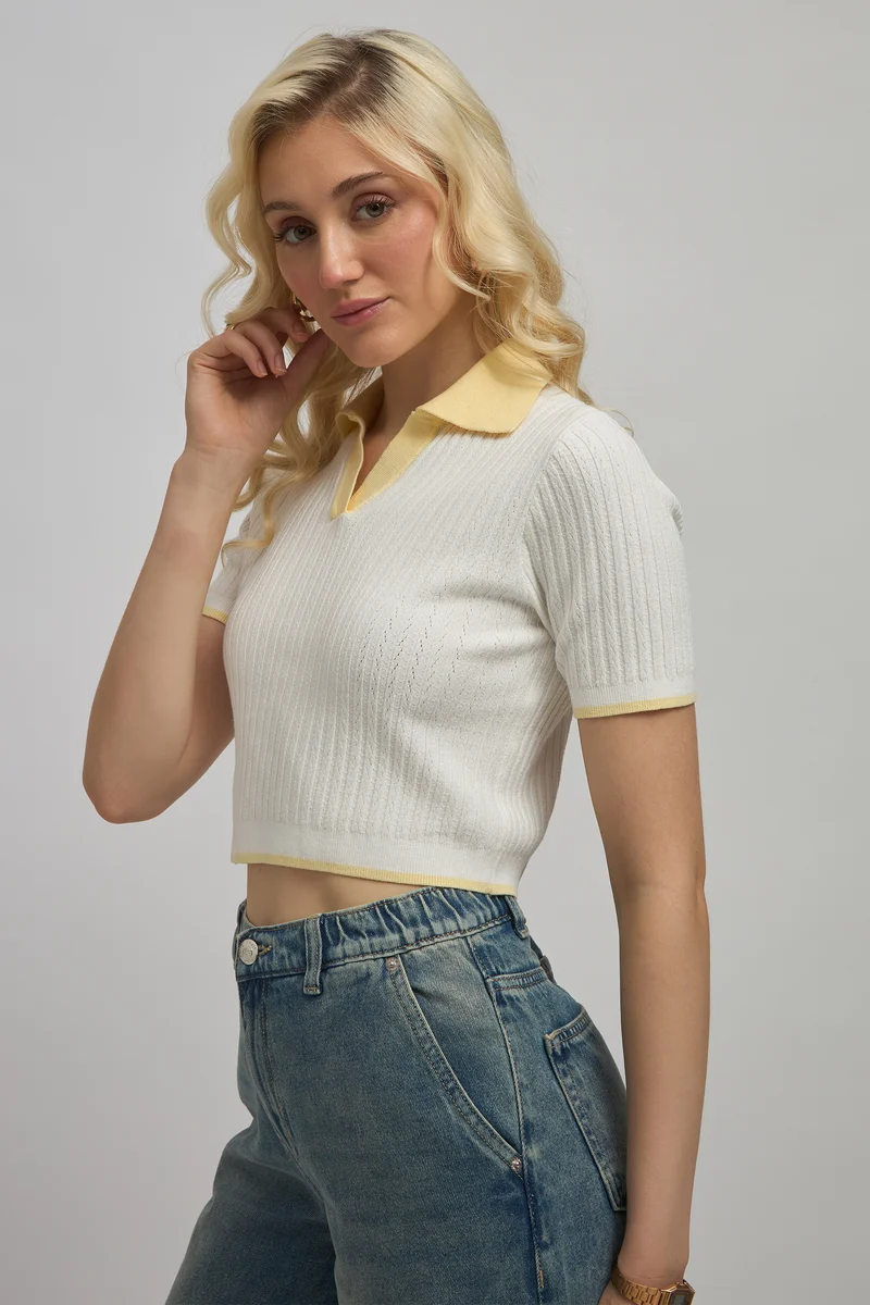 Sasha|Viscose Shirtcollar Fitted Knit Crop Top