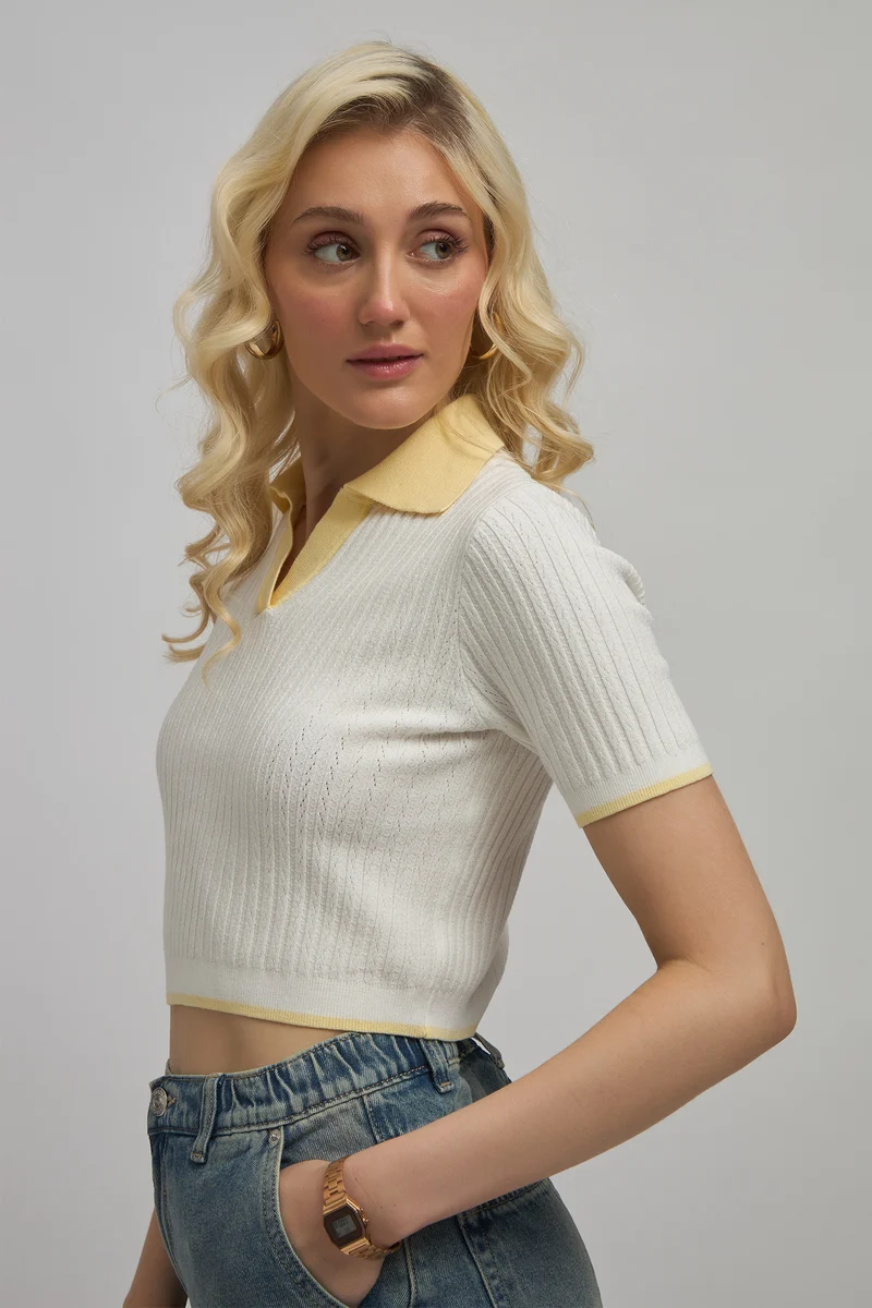Sasha|Viscose Shirtcollar Fitted Knit Crop Top