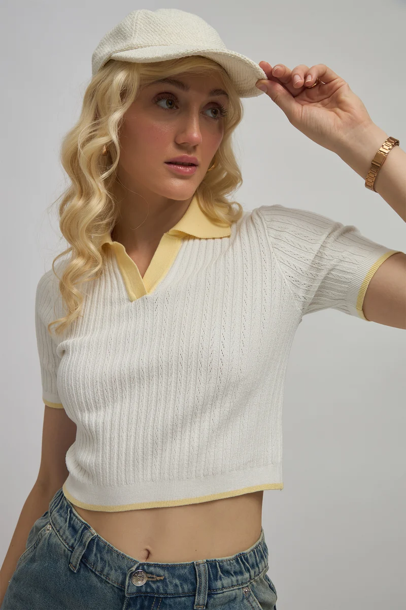 Sasha|Viscose Shirtcollar Fitted Knit Crop Top