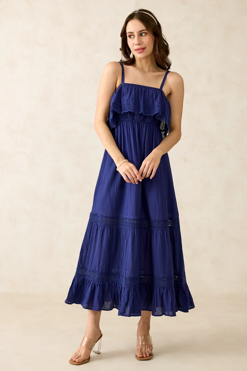 Kristen|100% Cotton Lace Detail Midi Dress