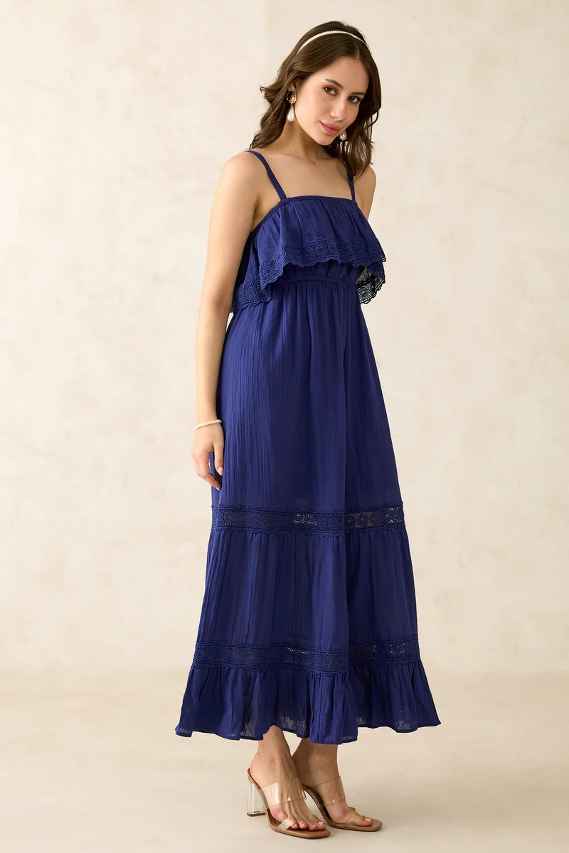 Kristen|100% Cotton Lace Detail Midi Dress