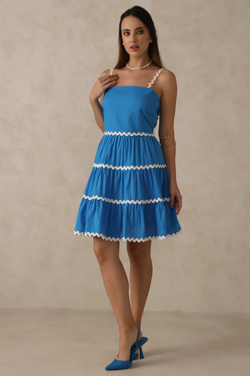 April|100% Cotton Blue Tiered Mini Dress