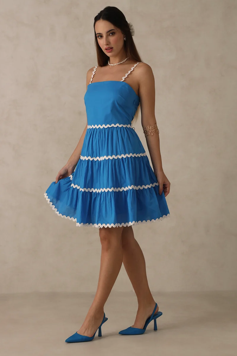 April|100% Cotton Blue Tiered Mini Dress