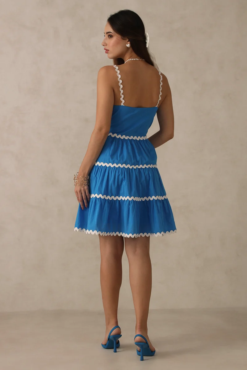 April|100% Cotton Blue Tiered Mini Dress